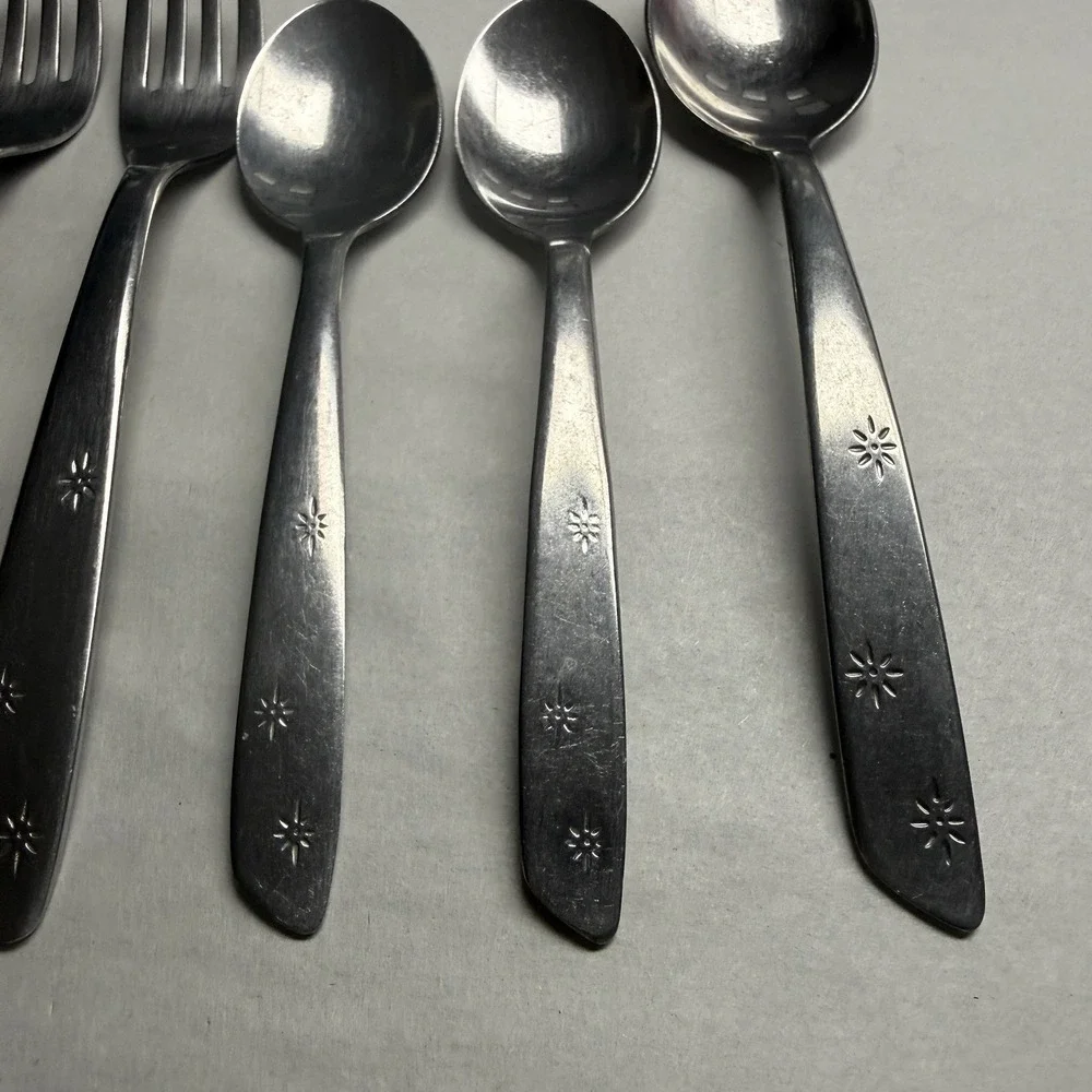 6 Lot Atomic 3 Star Superior Stainless Spoons Forks Knives Night Sky MCM USA